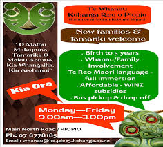 A busy advertisement for a community daycare offering full Maori immersion. The ad incorporates a number of Maori phrases, words, and cultural symbols like carved green Tiki heads.